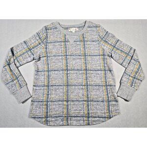 Pink Rose Women’s M Gray Sweater Plaid Blue Yellow Crew Neck Long Sleeve